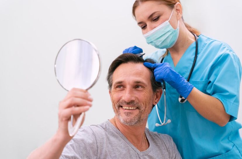 A patient undergoing a hair transplant procedure in a London clinic, with a surgeon carefully implanting hair follicles into the recipient area on the scalp.