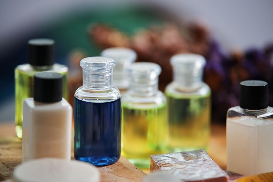 collection-small-bottles-soap-with-blue-liquid-them