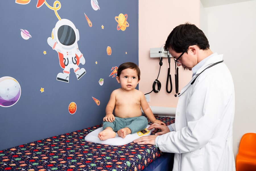 Medium shot doctor weighing a baby